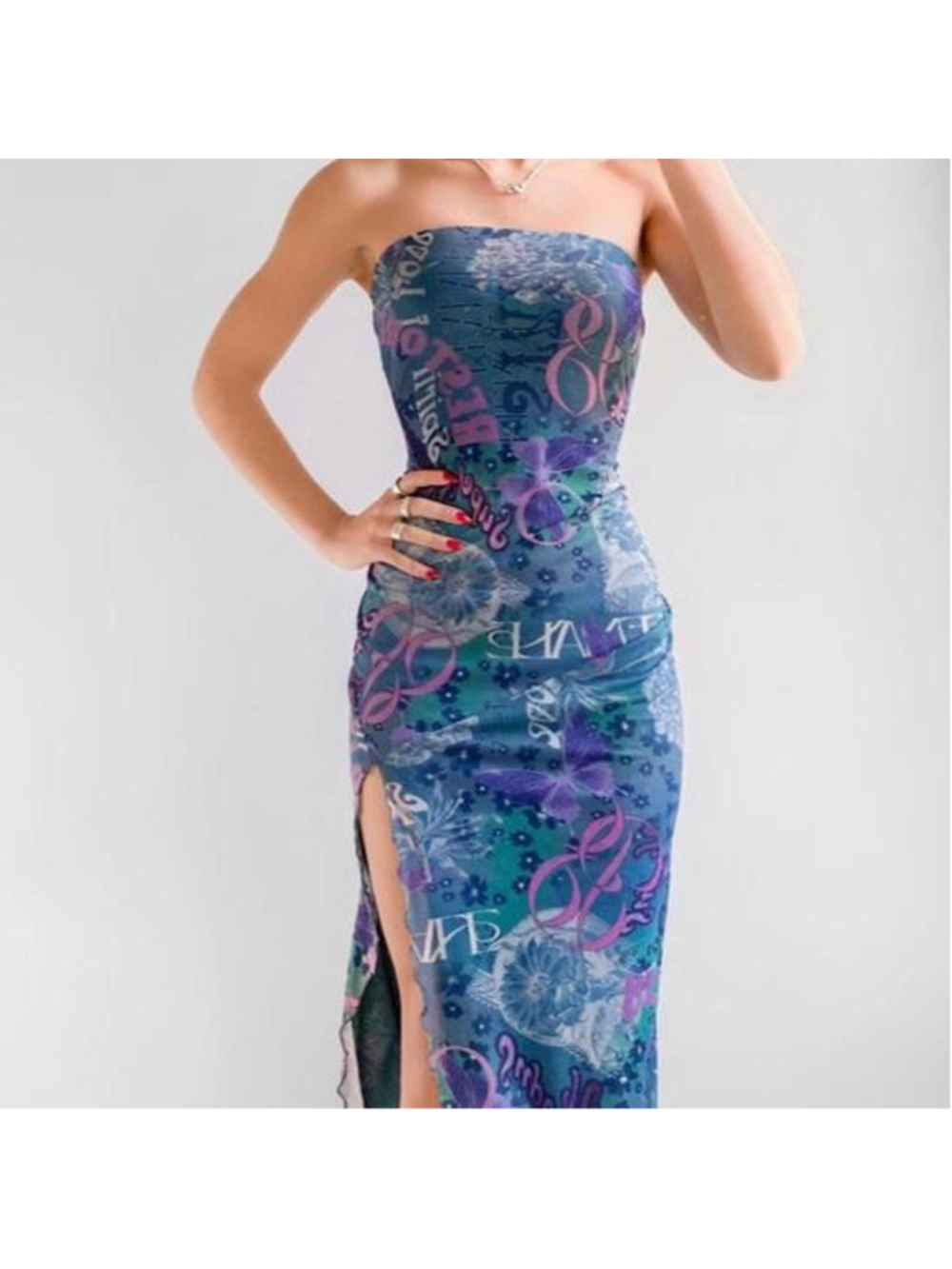 Urban outfitters Samara strapless maxi dress with blue, purple, and teal floral